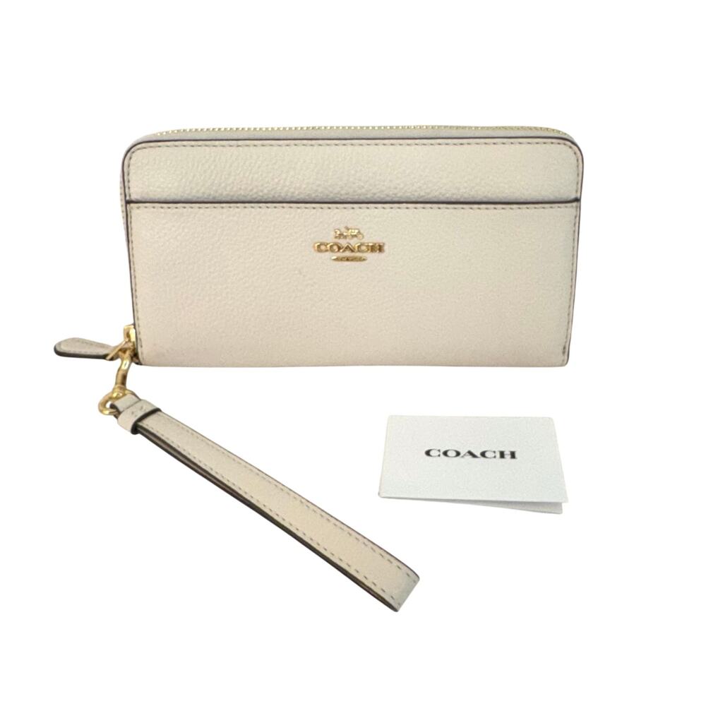 Coach Long Zip Around Continental Wallet Leather Wristlet Cream Off-White
